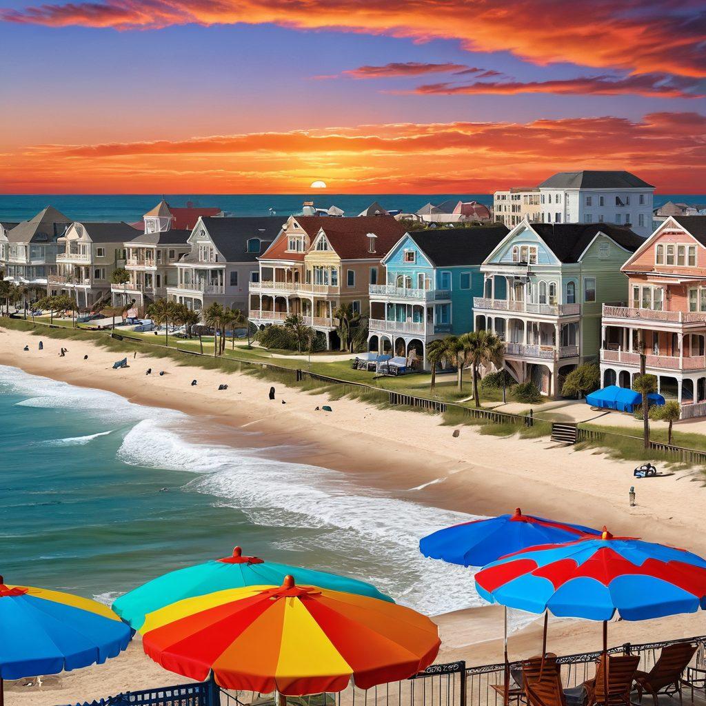 A stunning coastal view of Galveston, Texas, featuring a lively beachfront with colorful beach umbrellas, families enjoying the sun, and a vibrant sunset over the ocean. In the backdrop, showcase historic Victorian architecture and lively local attractions like restaurants and shops. Incorporate palm trees swaying in the breeze to capture a tropical vibe. super-realistic. vibrant colors. 3D.