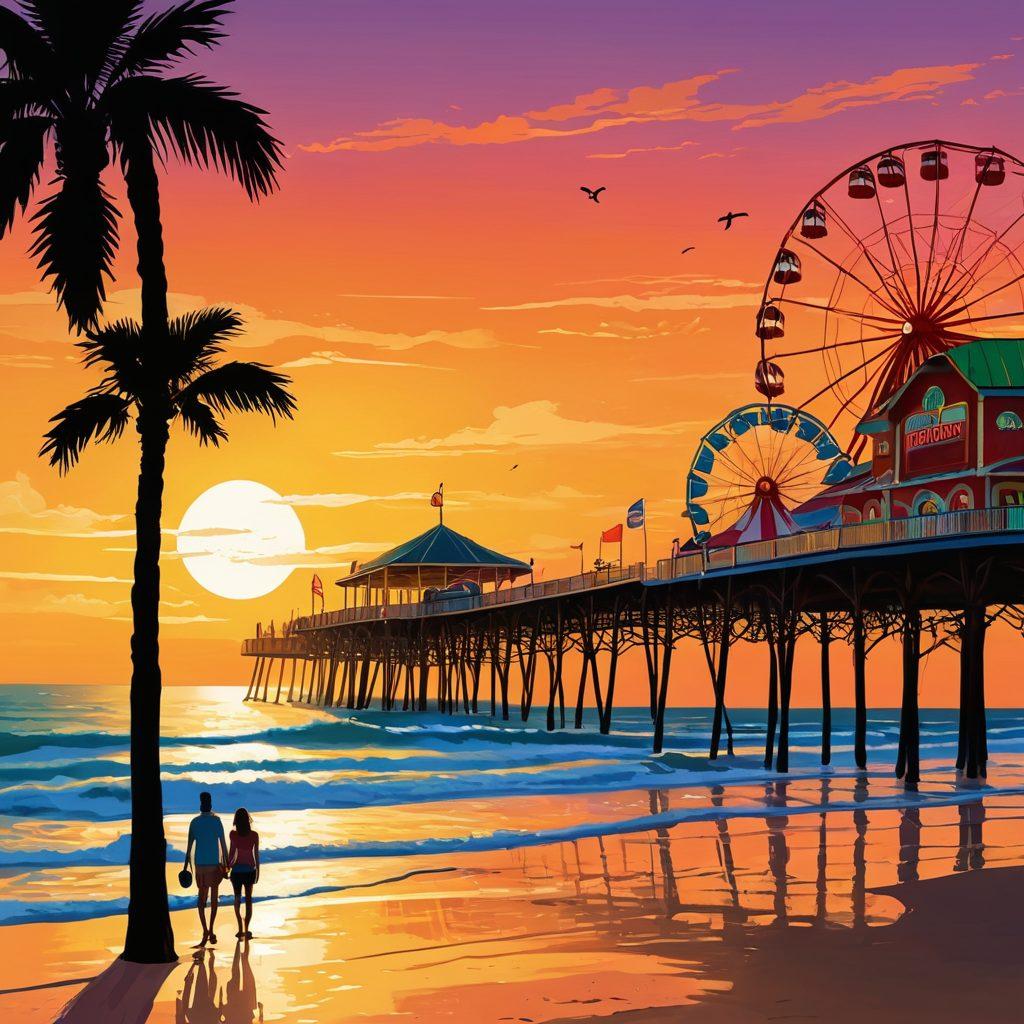 An inviting beach scene showcasing Galveston's iconic attractions such as the Pleasure Pier and historic architecture bathed in golden sunlight. The backdrop features a vibrant sunset over the Gulf of Mexico, with families enjoying the beach and colorful event banners flying in the wind. Add tropical palm trees for a relaxed vibe and a fun, festive atmosphere. vector art. vibrant colors. sunset background.