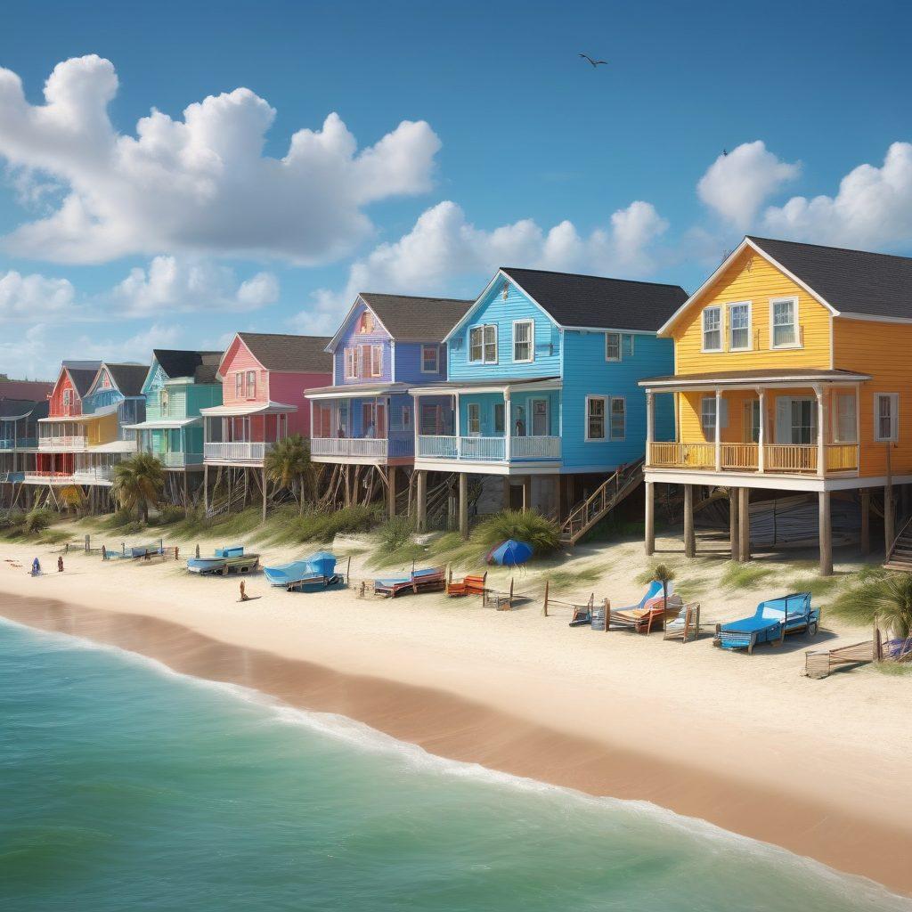 A vibrant coastal scene showcasing the lively atmosphere of Galveston, with colorful beach houses lining the shore, sunbathers relaxing on golden sands, and local fishermen casting their nets. Include iconic elements like palm trees and a glimpse of vintage shops to capture the unique seaside lifestyle. The sky should be bright blue with fluffy white clouds. super-realistic. vibrant colors. 3D.